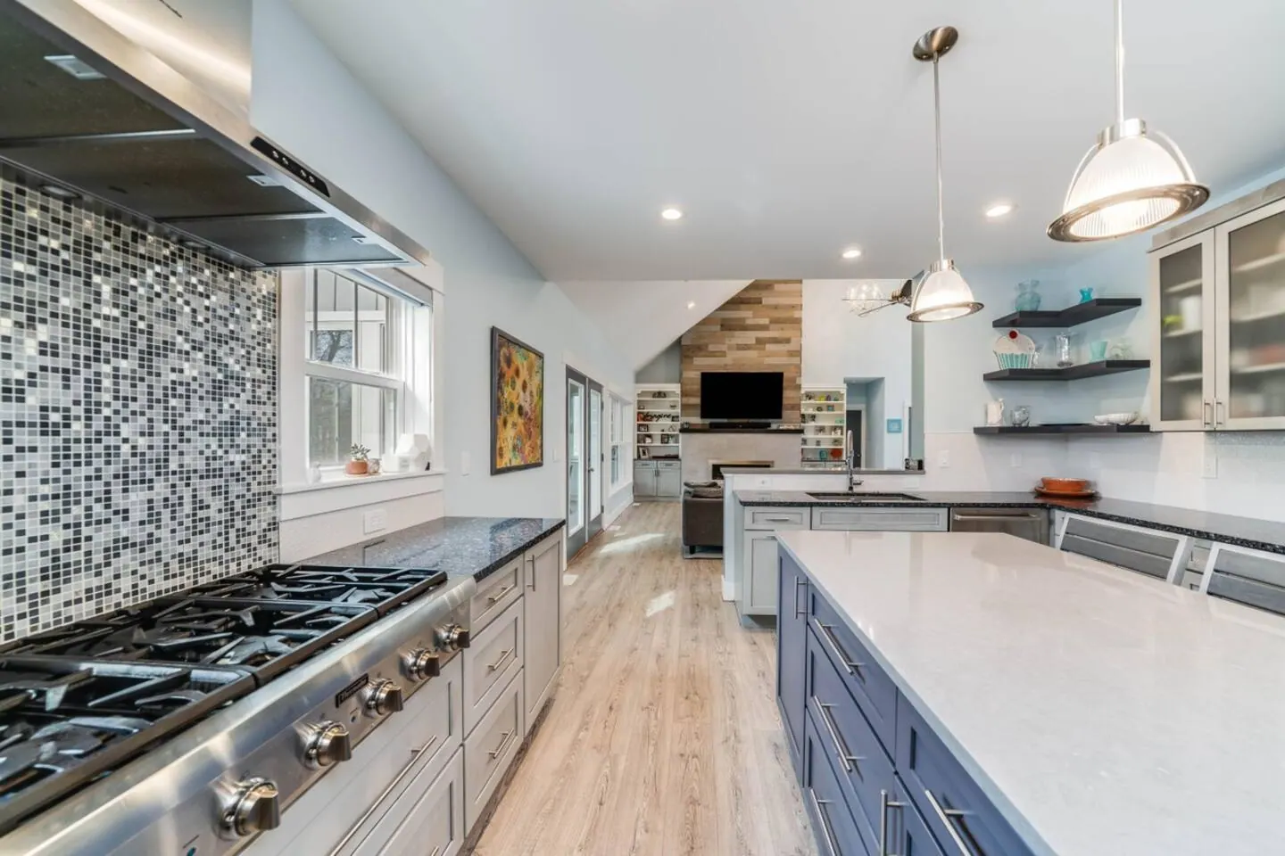 Kitchen island and range from the dining side of the room